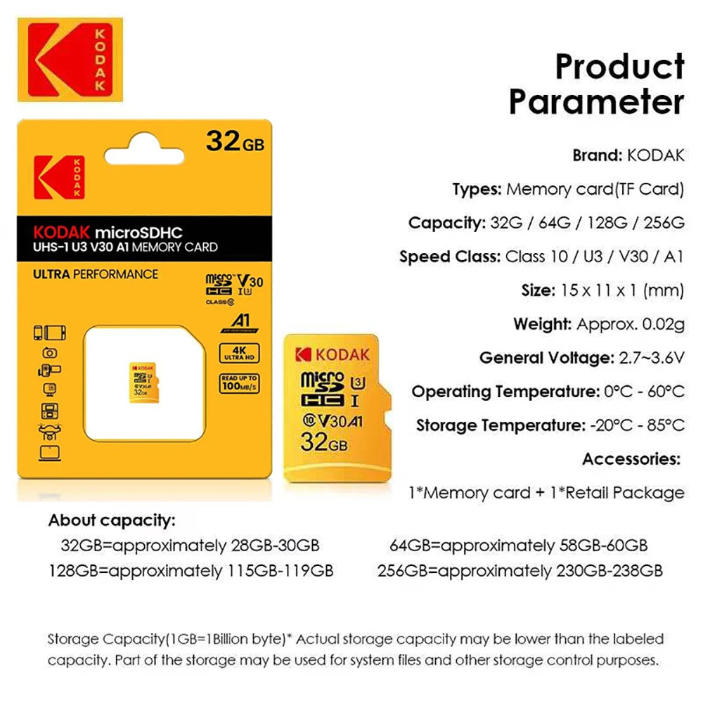 Kodak Micro SD Card 64GB 32GB Memory Card 512GB 256GB 128GB MicroSDXC Class10 SD Memory Card 100MB/s Original TF Flash Card U3
