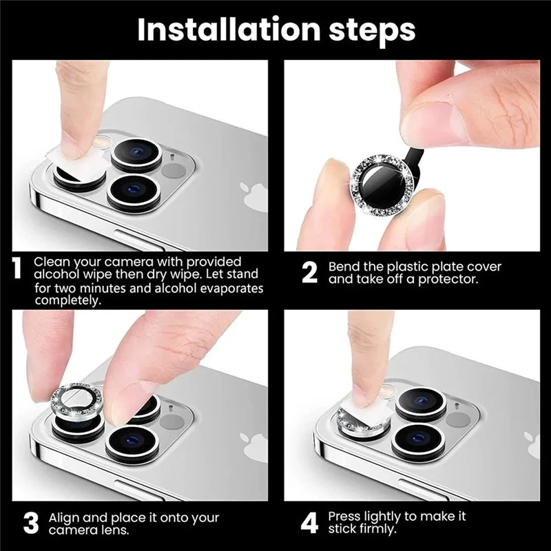 2-3pcs Luxury Diamond Camera Protector For iPhone 15 14 13 12 11 Pro Max Glitter Ring Lens Glass Back Lens Cap Shinny Cover