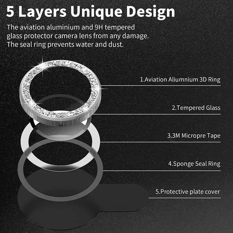 2-3pcs Luxury Diamond Camera Protector For iPhone 15 14 13 12 11 Pro Max Glitter Ring Lens Glass Back Lens Cap Shinny Cover