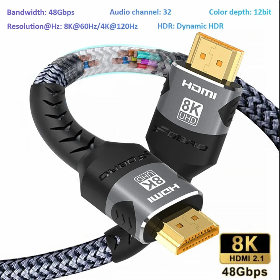 8K HDMI Cable 2.1 48Gbps  High Speed HDMI Braided Cord-4K@120Hz 8K@60Hz, DTS:X, HDCP 2.2 & 2.3, HDR 10 for Compatible Laptop/PS5