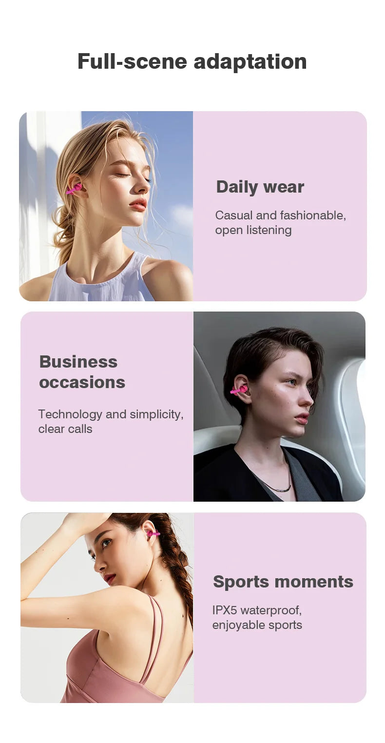 Open Ear Wireless Earphones With Mics Sports Ear Clip on Earbuds Touch Control LED Power Display Bluetooth 5.4 OWS Headphones