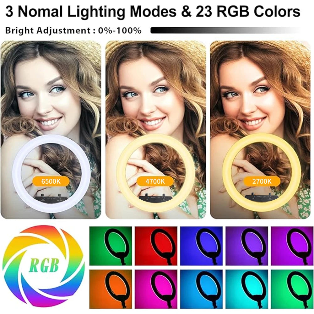 18 Inch 45cm Selfie RGB Ring Light with Tripod Usb Rechargeable LED Light, Dimmable, for Photo Studio