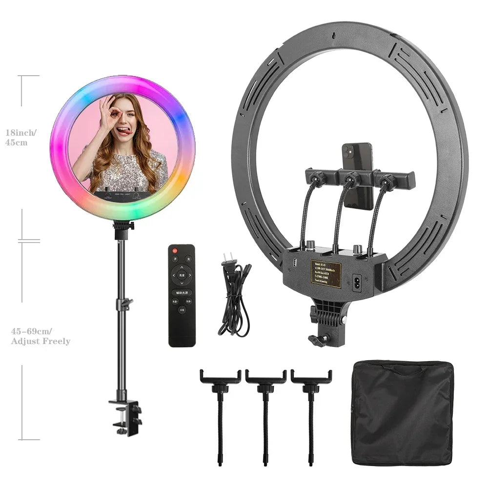18 Inch 45cm Selfie RGB Ring Light with Tripod Usb Rechargeable LED Light, Dimmable, for Photo Studio