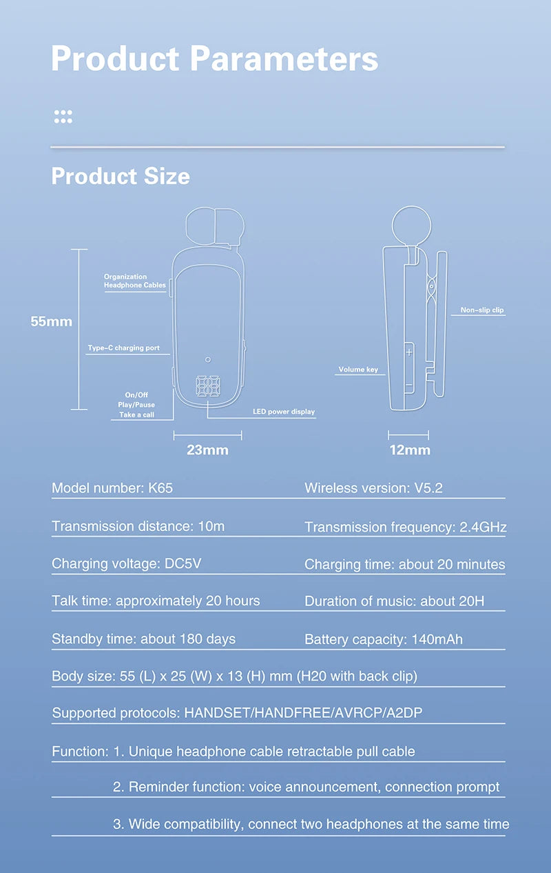 # K65 Lavalier Business Bluetooth 5.2 Headset Talk/Music Time 20 Hours LED Digital Display Noice Cancelling Wireless Earphones