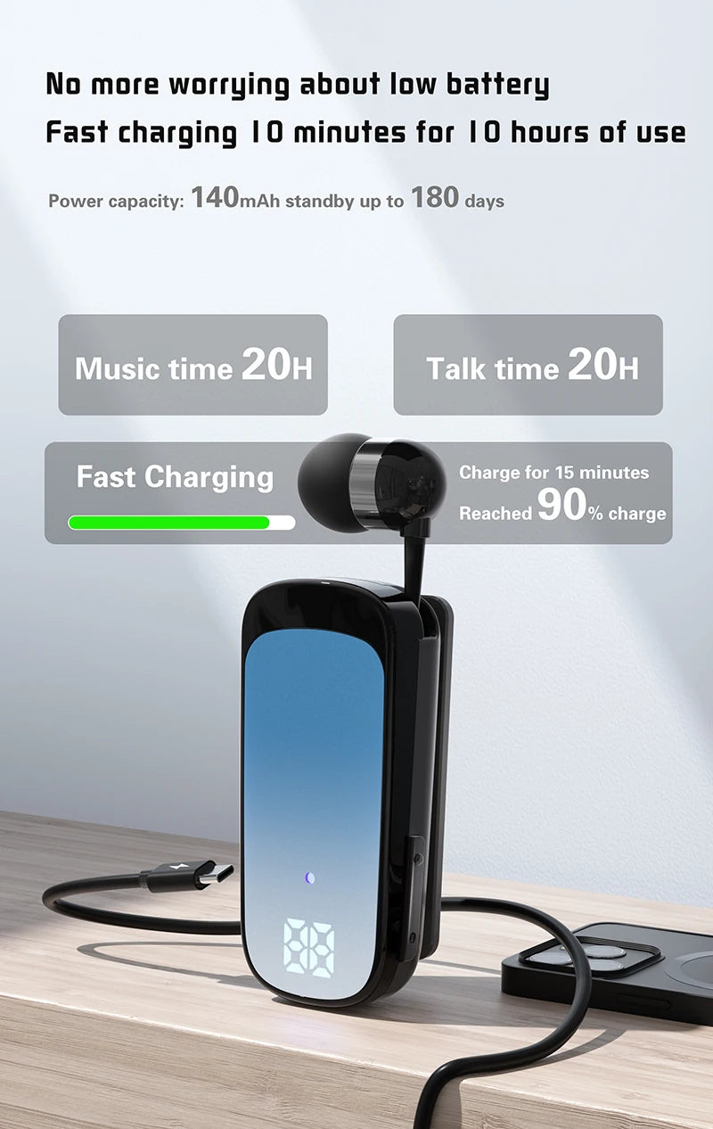 # K65 Lavalier Business Bluetooth 5.2 Headset Talk/Music Time 20 Hours LED Digital Display Noice Cancelling Wireless Earphones