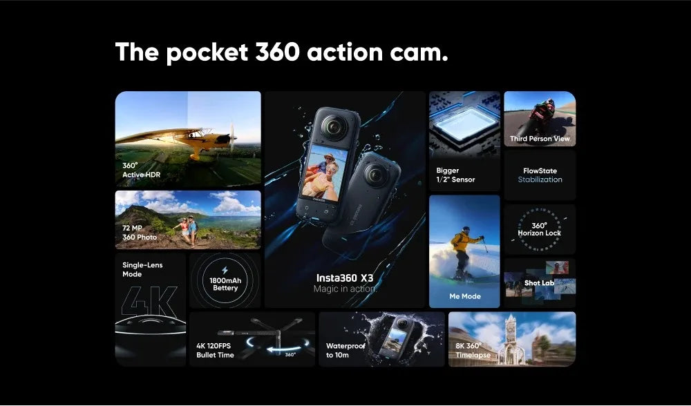 Insta360 X3 – A Waterproof 360-Degree Action Camera Featuring 1/2-Inch 48MP Sensors, 5.7K 360 Active HDR Video Resolution, 72MP