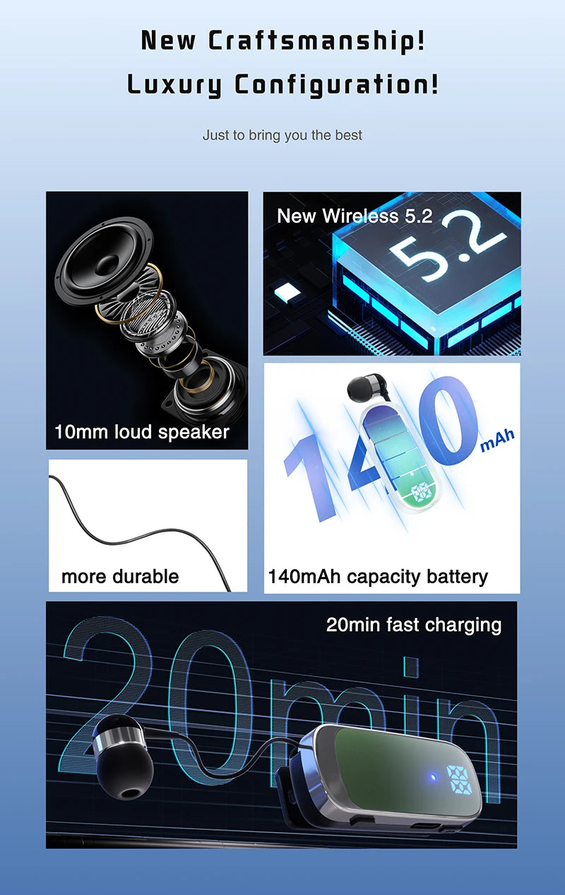 # K65 Lavalier Business Bluetooth 5.2 Headset Talk/Music Time 20 Hours LED Digital Display Noice Cancelling Wireless Earphones