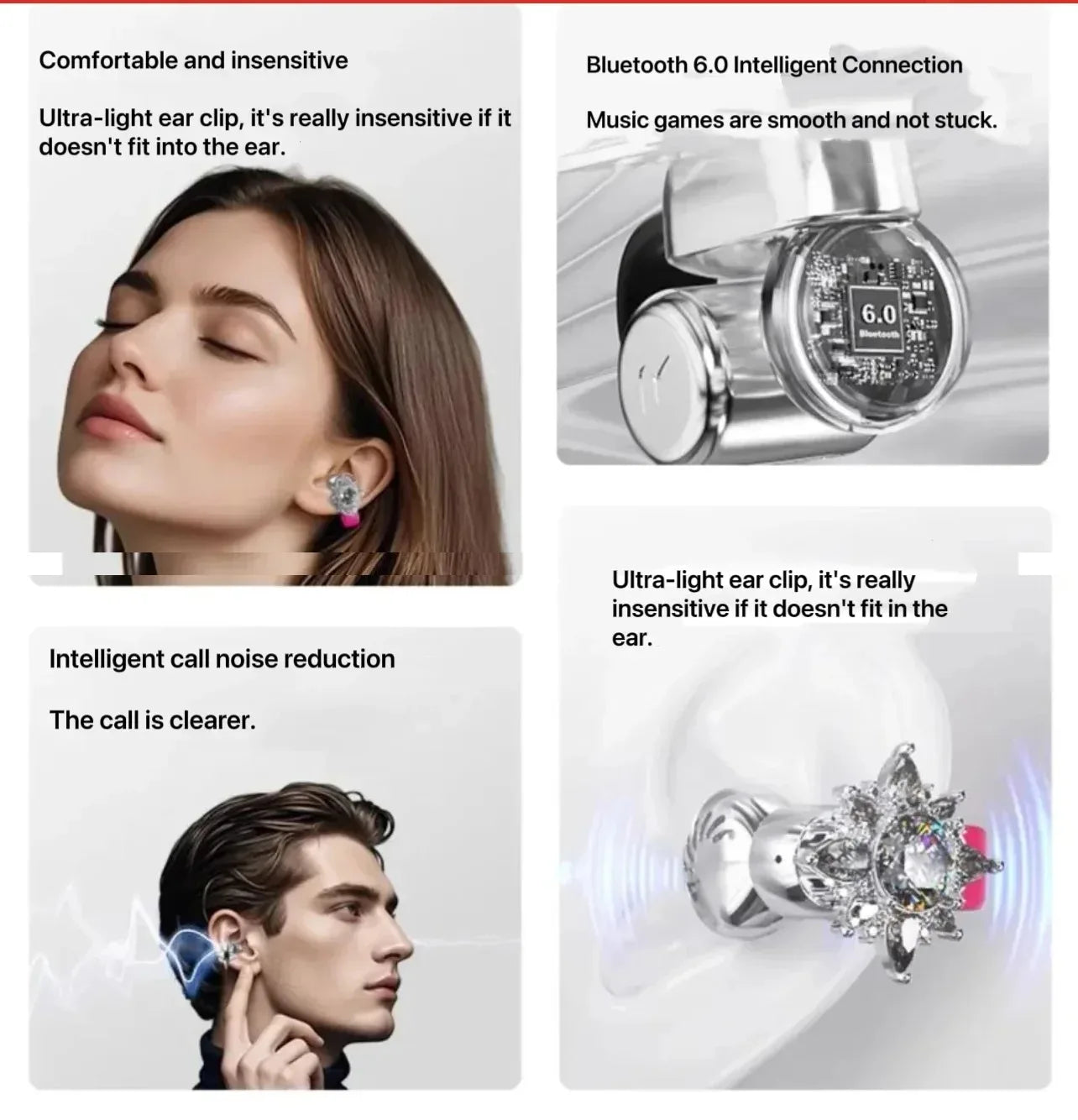 ERDU headphones Bluetooth ear clip magnetic jewelry headphones automatic noise reduction sports wireless 360 ° surround sound