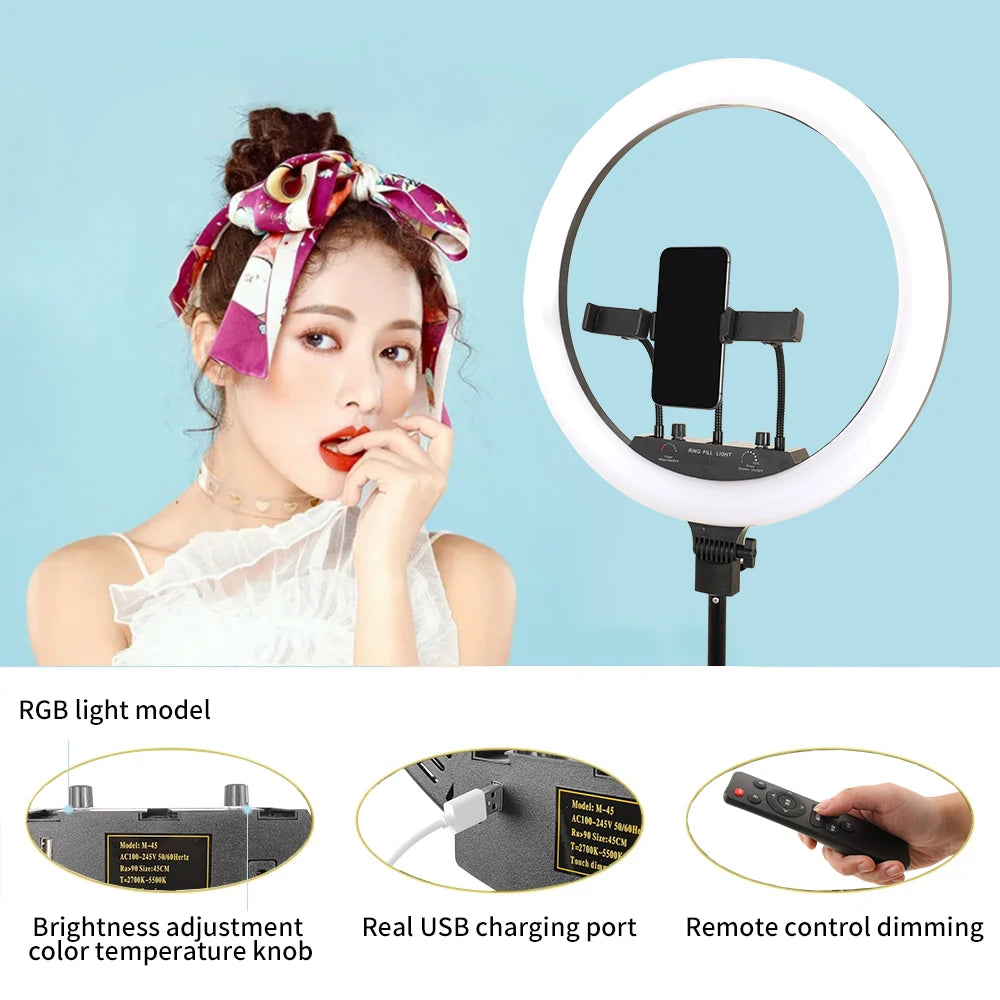 18 Inch 45cm Selfie RGB Ring Light with Tripod Usb Rechargeable LED Light, Dimmable, for Photo Studio