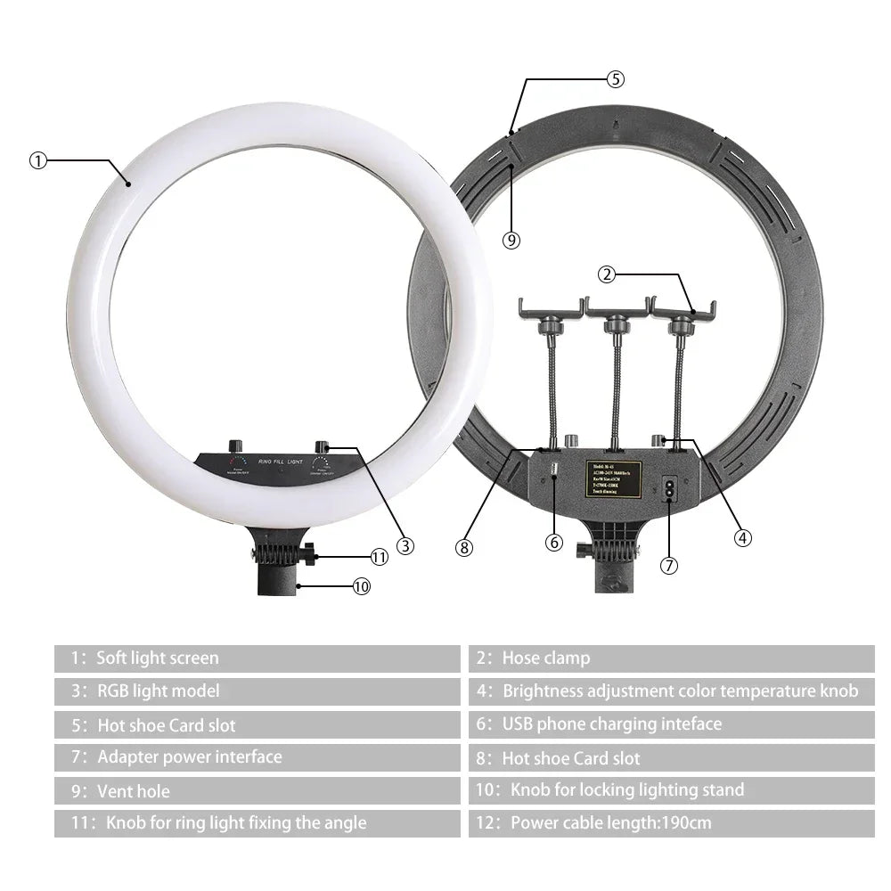 18 Inch 45cm Selfie RGB Ring Light with Tripod Usb Rechargeable LED Light, Dimmable, for Photo Studio