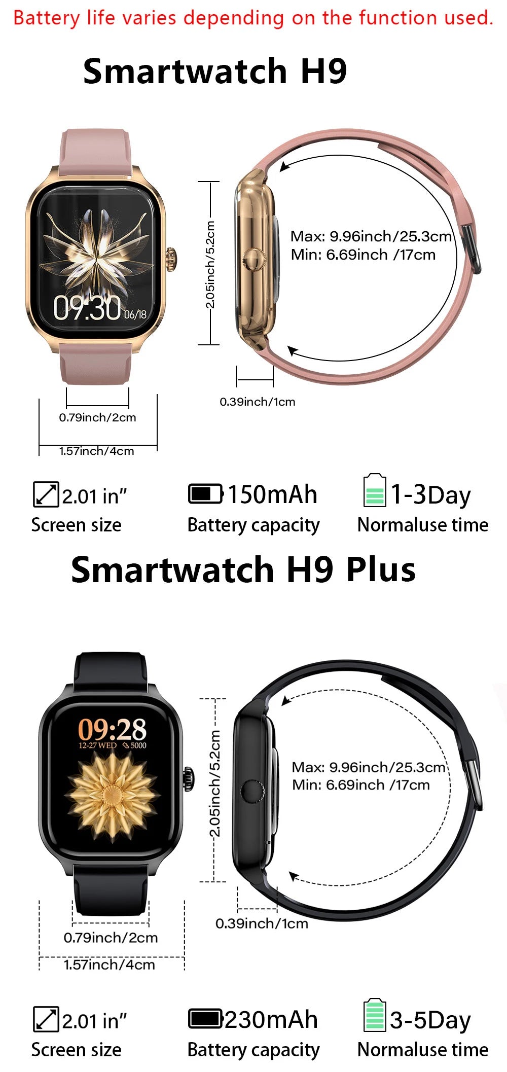 H9 New Smart Watch 2.01 Inch HD Display Answer Make Call Message Preview Sport Modes DIY Dial Weather Forecast For Men Women