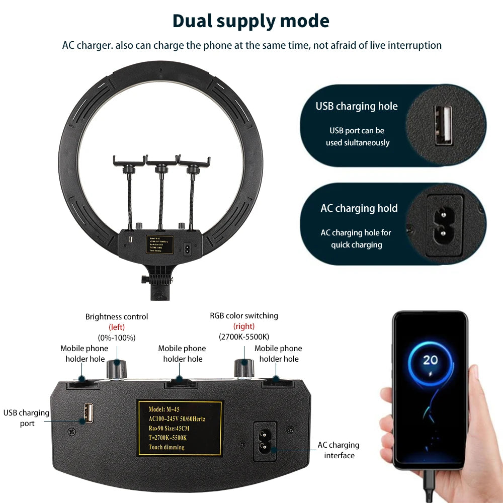 18 Inch 45cm Selfie RGB Ring Light with Tripod Usb Rechargeable LED Light, Dimmable, for Photo Studio