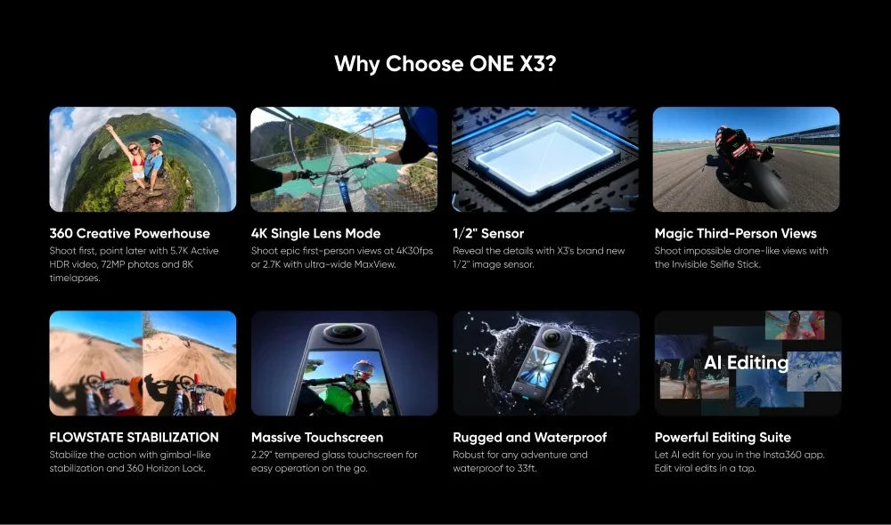 Insta360 X3 – A Waterproof 360-Degree Action Camera Featuring 1/2-Inch 48MP Sensors, 5.7K 360 Active HDR Video Resolution, 72MP