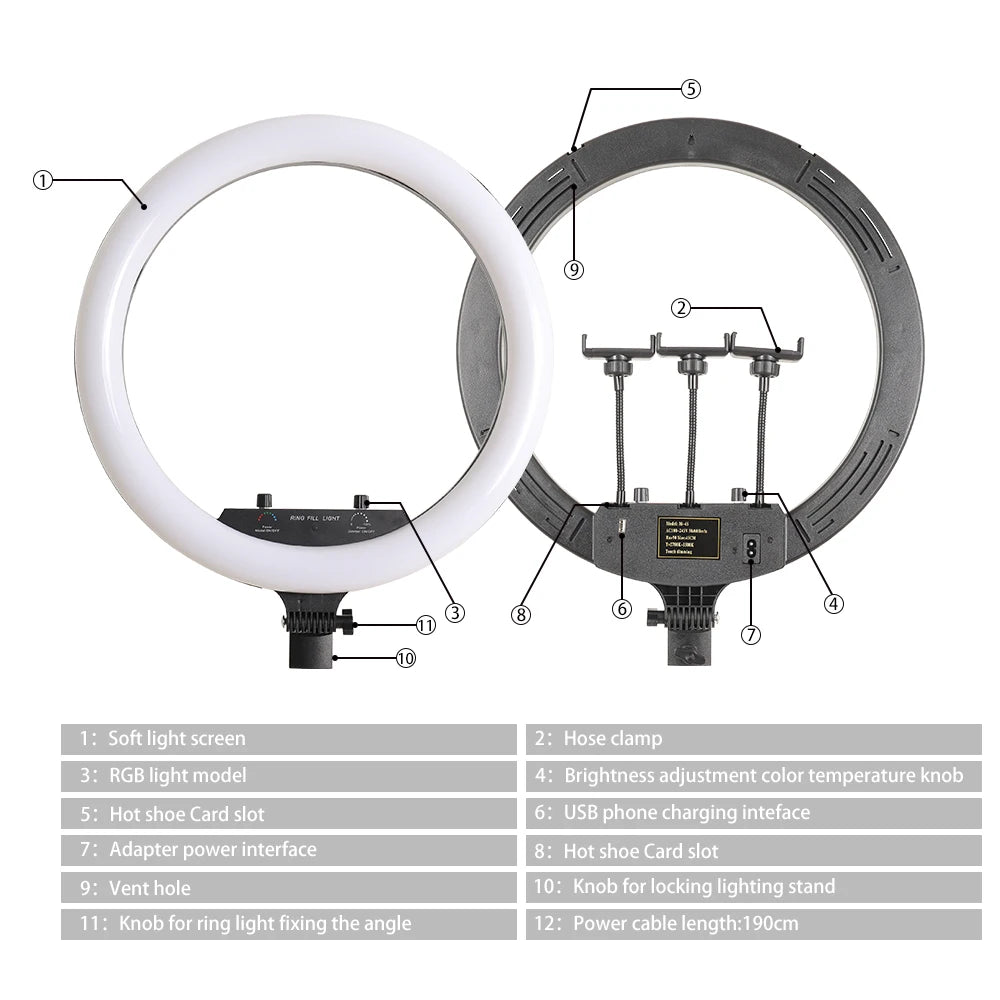 18 Inch 45cm Selfie RGB Ring Light with Tripod Usb Rechargeable LED Light, Dimmable, for Photo Studio
