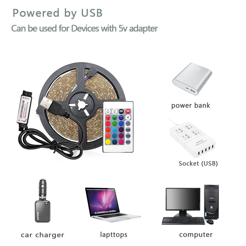 5V RGB 5050 LED Light Strip USB Infrared Remote Control Flexible Lamp Tape Ribbon Diode For Festival Party TV Desk Bedroom